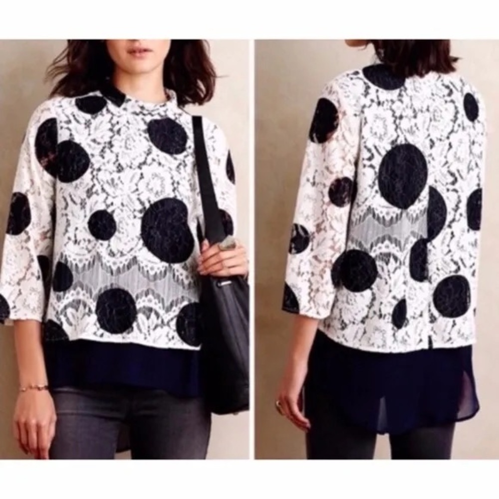 Anthropologie HD In Paris Rochelle Polka Dot Lace Top Blouse Sz 2
